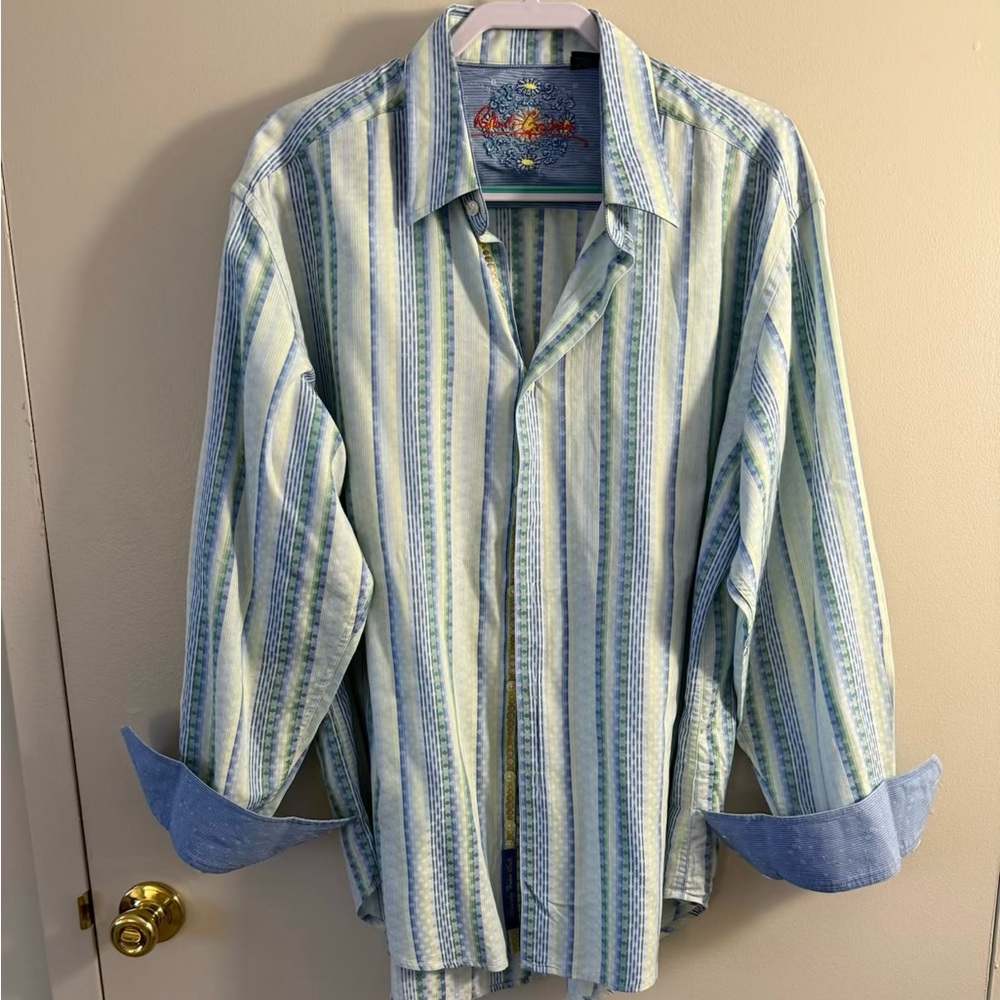 Robert Graham Men’s Cotton Flip Cuff Button Shirt Multicolor Stripe 2XL/2TG